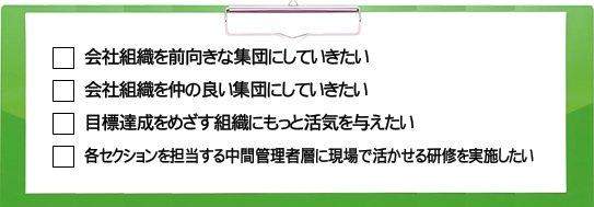 会社組織を前向きな集団にしていきたい会社組織を仲の良い集団にしていきたい目標達成をめざす組織にもっと活気を与えたい各セクションを担当する中間管理者層に現場で活かせる研修を実施したい